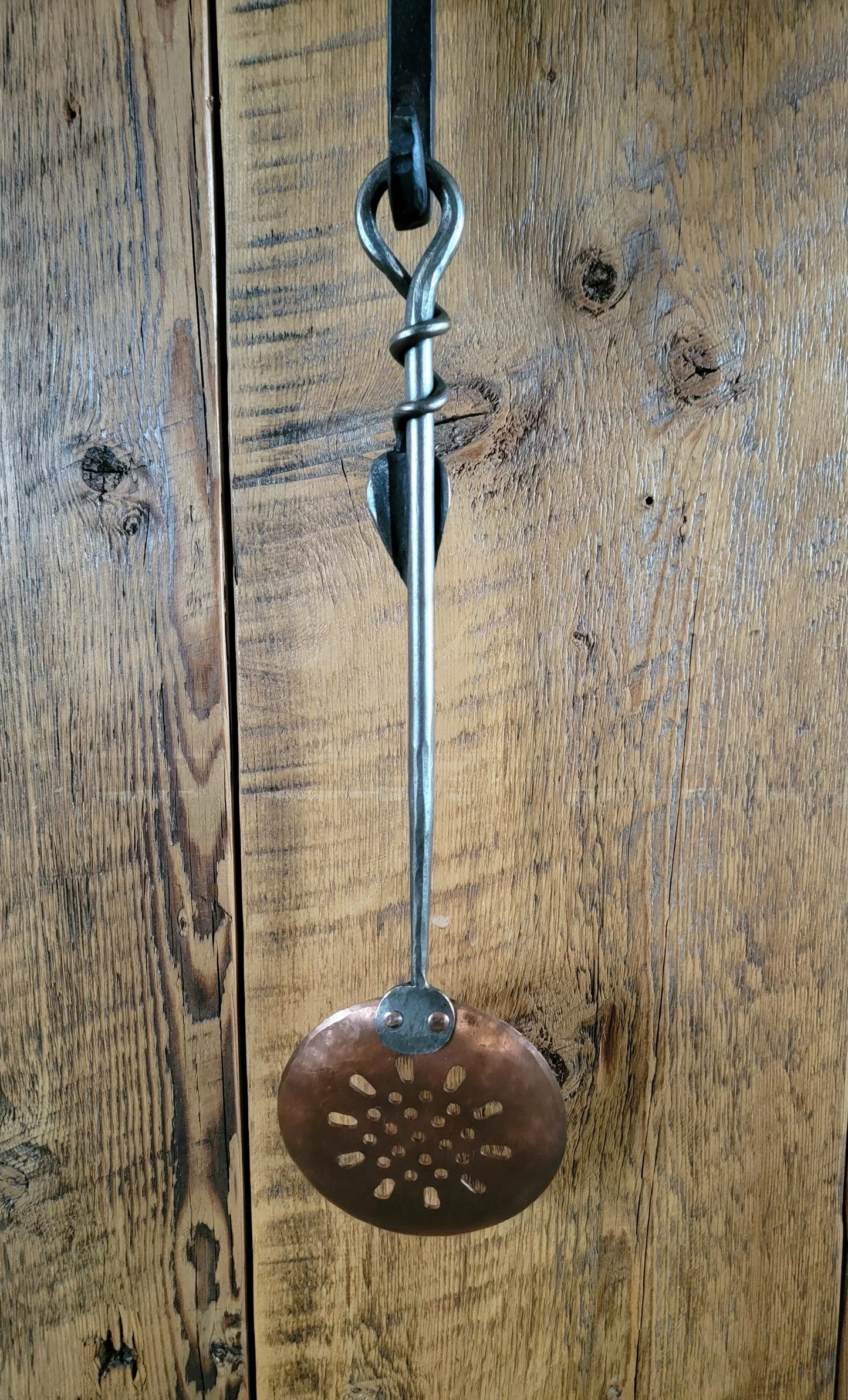 Hand Forged Copper Slotted Spoon With Steel Leaf Handle Slotted Spoons Kitchen Accessories