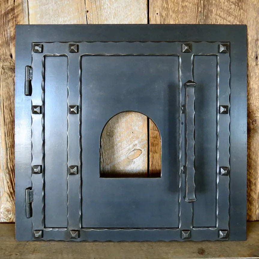 XL Rustic Square Hinged Pizza Oven Door hammered rustic old world tuscan with arched window